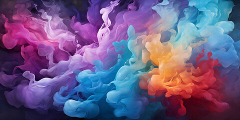 Fototapeta premium Bunter farbenprächtiger leuchtener Nebel im hellen Licht im Querformat für Banner, ai generativ