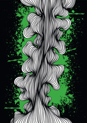 Abstract composition of wavy black lines on the background of a green grunge blob