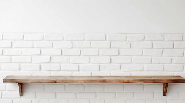 Empty wooden shelf on white brick wall background