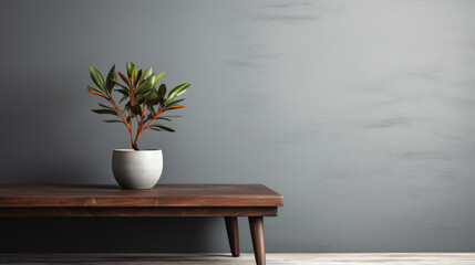 Empty wooden table with pot plant on grey background
