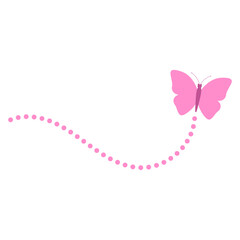 Illustration of a pink flying butterfly along a dotted line route on a white background