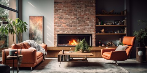 Modern living room with a sleek fireplace