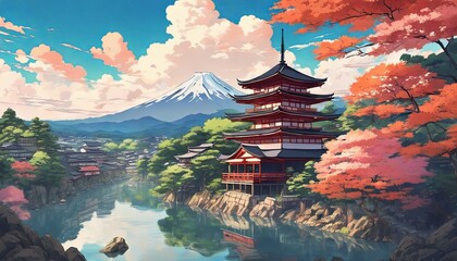 Retro color of A Beautiful Fantasy Anime Kyoto Traditional Temple House Landscape Wallpaper Background - obrazy, fototapety, plakaty