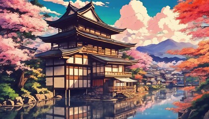 Retro color of A Beautiful Fantasy Anime Kyoto Traditional Temple House Landscape Wallpaper Background