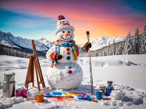 an artistic snowman holding a paintbrush and palette, with a painted winter landscape on an easel beside it