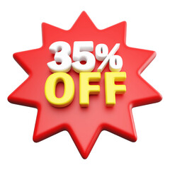 Special 35 percent off sale with number 3d render red tag label
