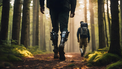Human with prosthetic on the legs walking on a trail in the forest. Generative Ai