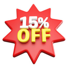 Special 15 percent off sale with number 3d render red tag label
