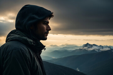 Silhouette of a man in a hoodie, absorbing the panoramic view from a mountain peak.