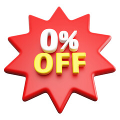 Special 0 percent off sale with number 3d render red tag label