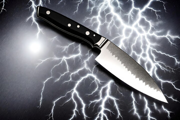 A generic sharp chef's knife with a silver blade set against a lightning storm at night with lightning bolts  background