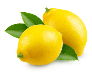Lemon isolated. Two ripe lemons with leaves on a transparent background.