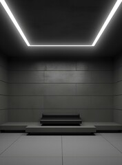 A sleek, modern room with black walls, illuminated by soft lighting. An empty bench adds a minimalist touch. Generative AI.