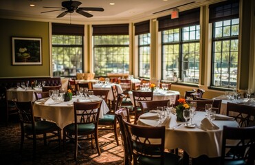 A cozy countryside restaurant with rustic charm invites guests to indulge in farm-to-table delicacies amidst a warm and tranquil atmosphere. Generative AI.