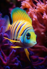 A vibrant fish with yellow and blue stripes swims gracefully in a colorful reef. Generative AI.