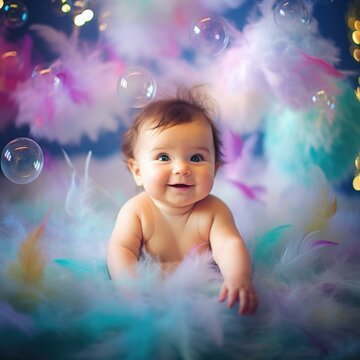 A baby in a colorful bubble bath with colorful feathers. Generative AI.