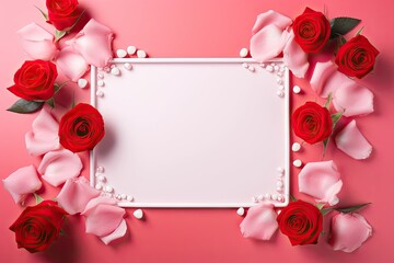 Pink Valentine's Day background with a white line frame in the middle and red roses around it