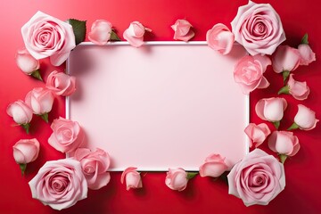 Fototapeta na wymiar Pink Valentine's Day background with a white line frame in the middle and red roses around it
