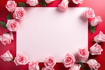 Fototapeta na wymiar Pink Valentine's Day background with a white line frame in the middle and red roses around it