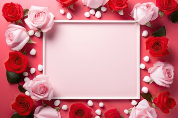 Pink Valentine's Day background with a white line frame in the middle and red roses around it