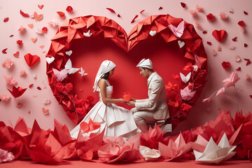 Origami-inspired love story unfolds with intricate paper-folded characters, hearts.