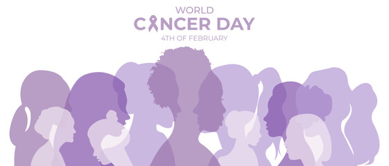 World cancer day banner.Vector illustration with silhouettes of people and lavender ribbon.