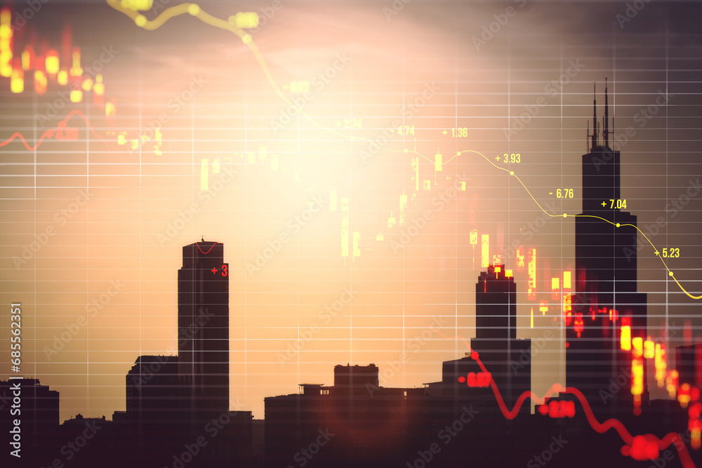 Poster creative downward red candlestick forex chart with grid and index on blurry city texture. crisis, fa