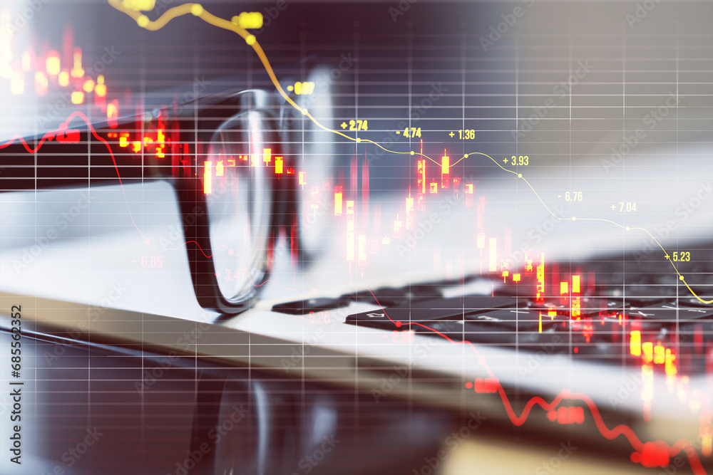 Poster close up of laptop keyboard and glasses with downward red candlestick forex chart with grid and inde