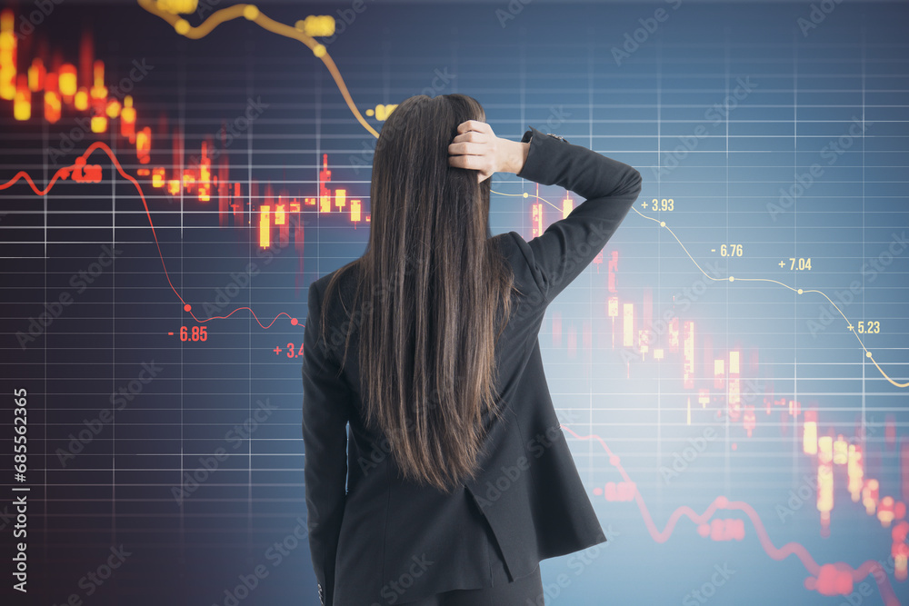 Sticker back view of stressed businesswoman in suit with downward red candlestick forex chart with grid and 