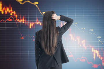 Back view of stressed businesswoman in suit with downward red candlestick forex chart with grid and...