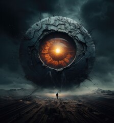 A man standing in front of a giant eyeball. Generative AI.