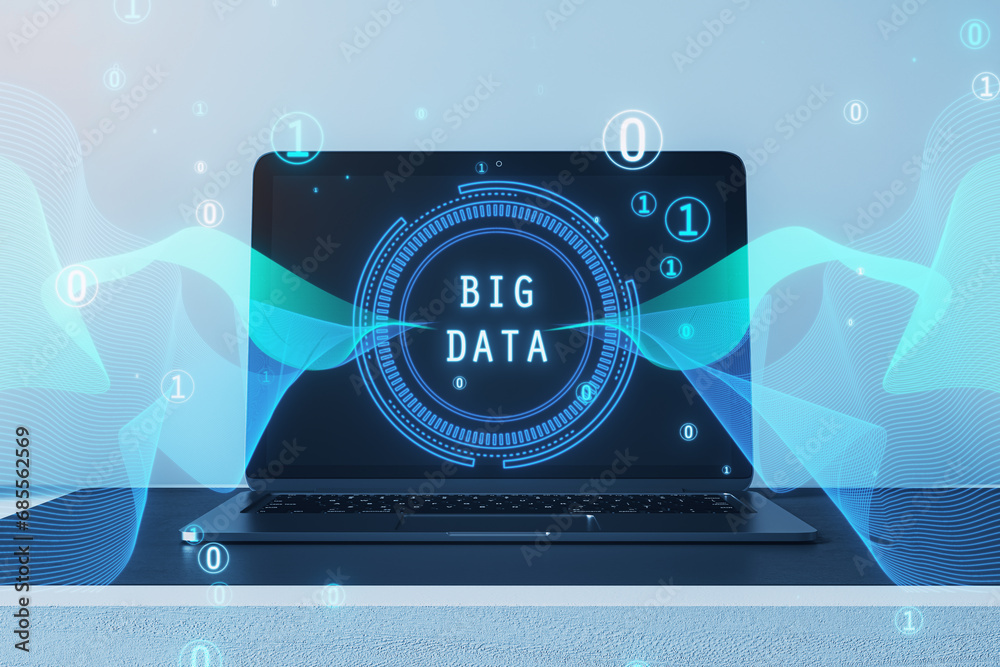 Leinwandbilder Close up of laptop computer with abstract round big data hologram with binary code on blurry light background. Stream information, filtering machine algorithm concept. 3D Rendering.