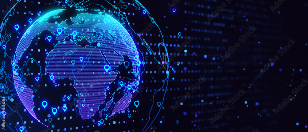 Poster Glowing wide globe hologram with location pins on dark backdrop. Elements of this image furnished by NASA. Marked location concept. 3D Rendering.