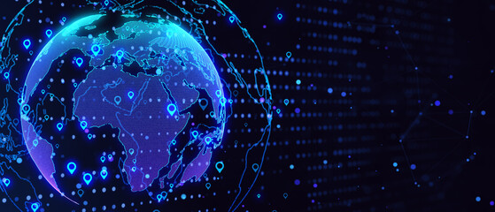 Glowing wide globe hologram with location pins on dark backdrop. Elements of this image furnished by NASA. Marked location concept. 3D Rendering.