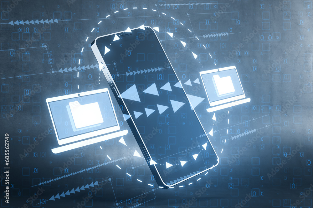 Leinwandbilder Close up of mobile phone with creative digital data transfer and exchange folders on dark background. Backup data, virtual document storage or loading on cloud service. 3D Rendering.