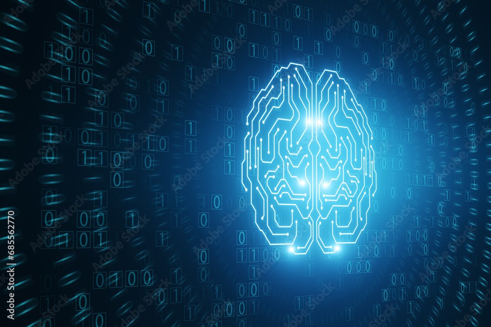Poster glowing brain hologram with binary coding on blue texture. Programming, machine learning and artificial intelligence concept.