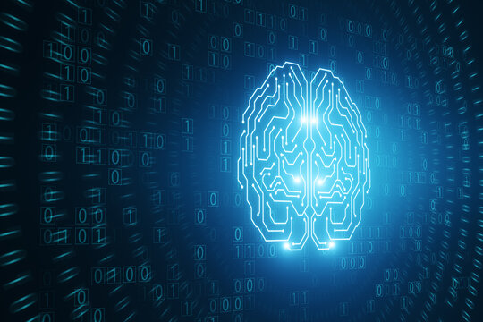 glowing brain hologram with binary coding on blue texture. Programming, machine learning and artificial intelligence concept.