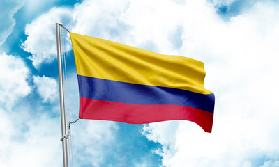 Colombia flag waving on sky background. 3D Rendering