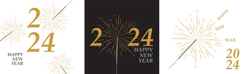 happy new year 2024 greeting cards set, vector illustration 