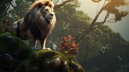 Beautiful male king lion climbing on buffalo in jungle.