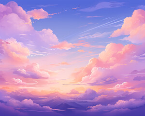 Sunset anime cloud cartoon background. Pink, orange and purple evening panorama wallpaper.