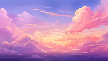 Fototapeta na wymiar Sunset anime cloud cartoon background. Pink, orange and purple evening panorama wallpaper.
