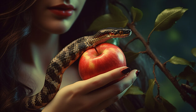 Recreation of an apple in a woman hand with a snake