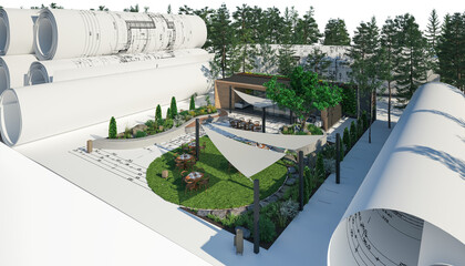 Bauplanung mit einem Restaurant-Modell mit Außengastronomie - 3D Visualisierung