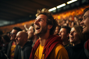 Excited soccer sports fans in stadium cheering, with a focus on belgium or spain man in red hoodie laughing and enjoying the game.