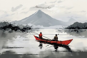 A painting of a canoe with a red sail and cloudy mountain background.