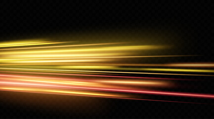 Light effect of neon lines movement.Horizontal lines. Speed ​​effect on a transparent background.lines of light, speed and movement.	