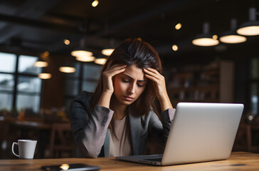 Woman in the office with headache at work, laptop, workplace stress, health issues, migraine, exhaustion, medical challenges, professional burnout, female headache gesture