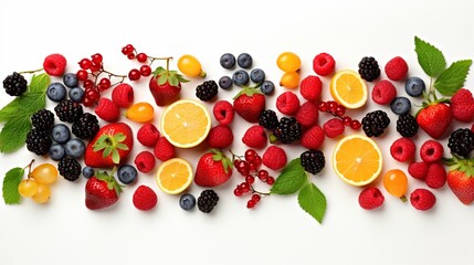 Mix of different fruits and berries isolated on white background.