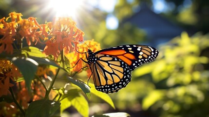 Monarch butterfly parked on the  garden flower stalk in the sunny morning. 